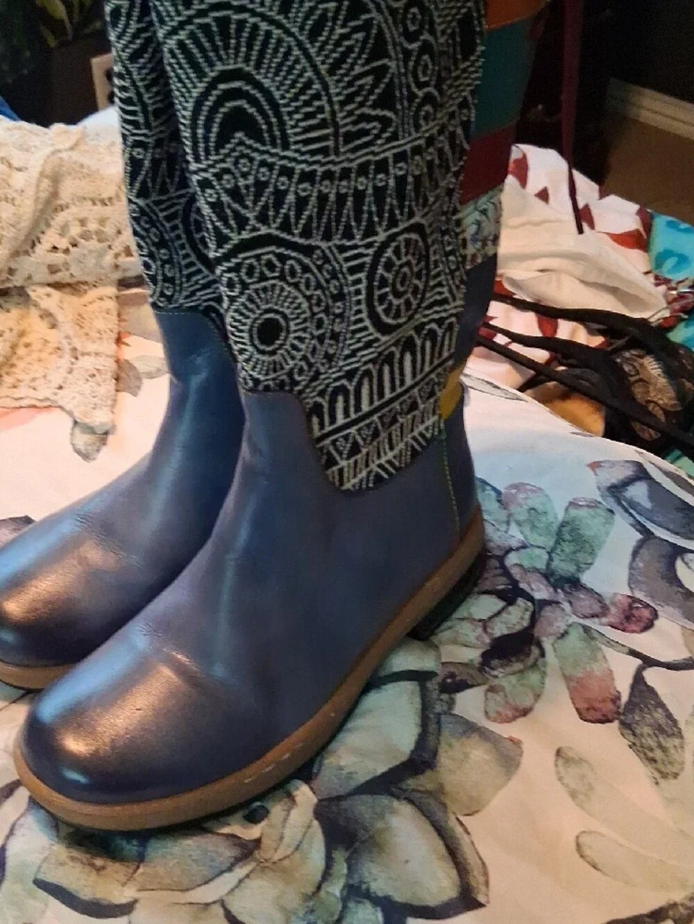 Women's Blue Patterned Tall Winter Boots